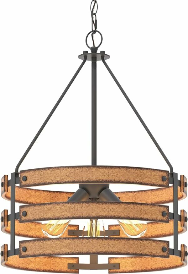 Inlight 18" Rustic and Industrial Design Farmhouse 3-Light Pendant for Kitchen Island, Textured Black and Faux Weathered Wood Finish, Metal Circular Hanging Chandelier for Foyer, IN-0335-3-WD